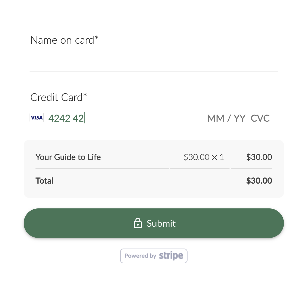 A Paperform checkout with an order summary and card payment powered by Stripe