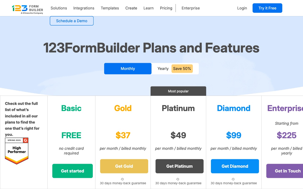 123FormBuilder pricing page