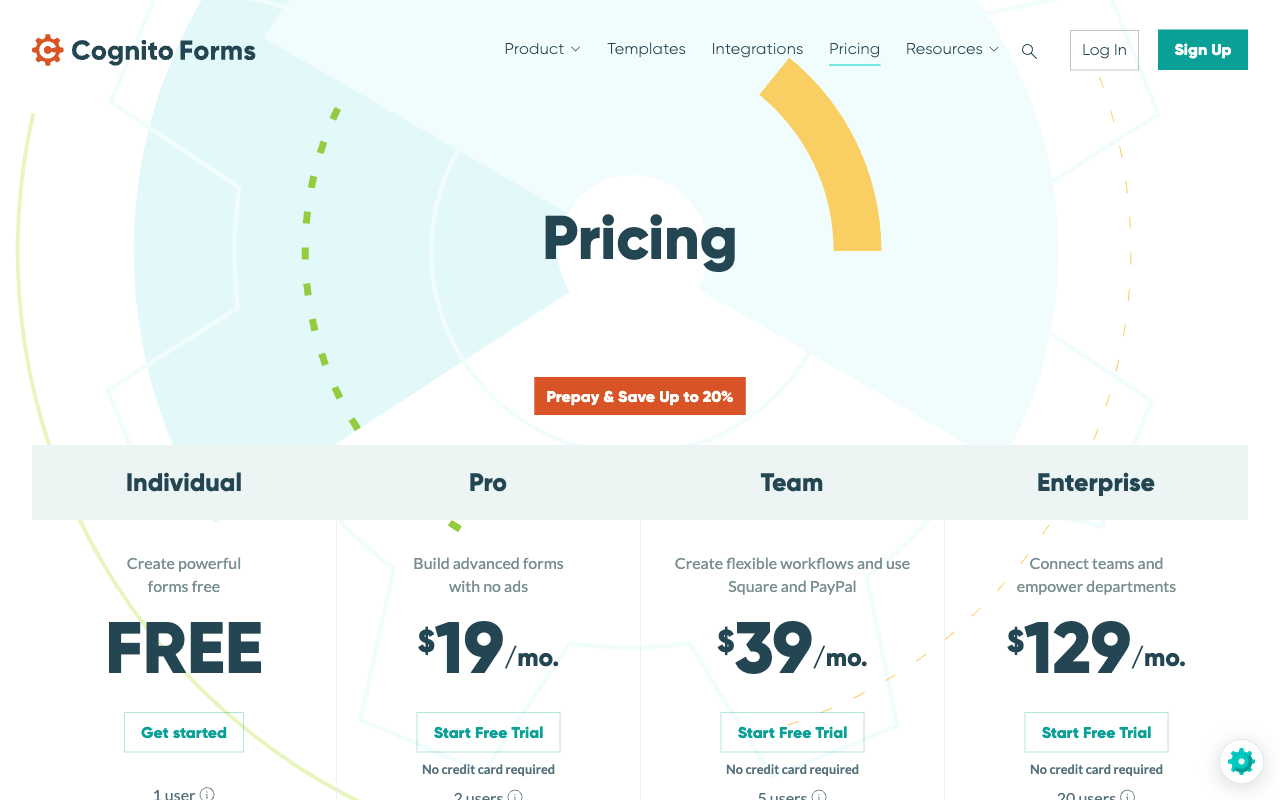 Cognito Forms pricing page