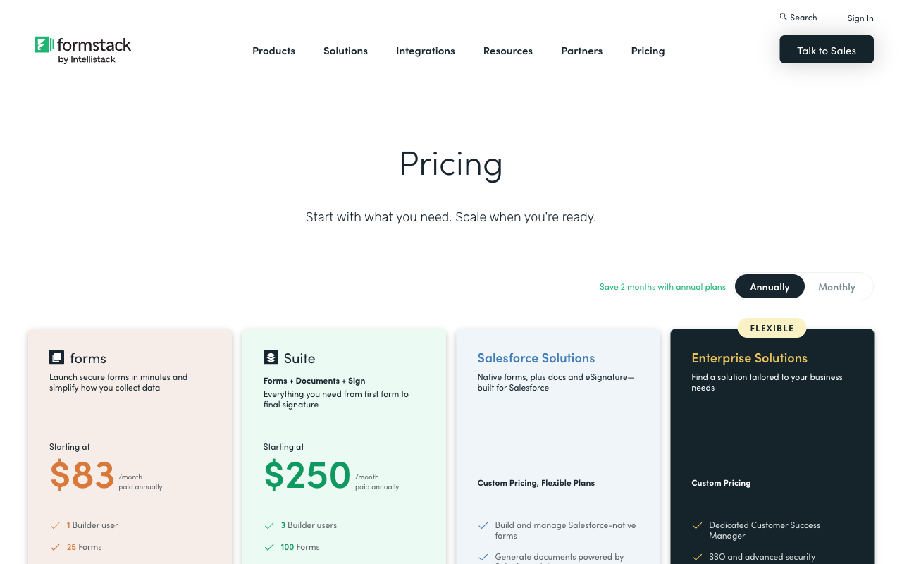 Formstack pricing page