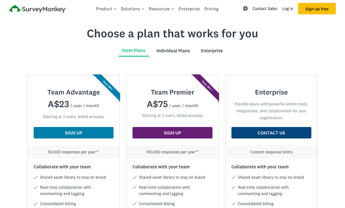 SurveyMonkey pricing page
