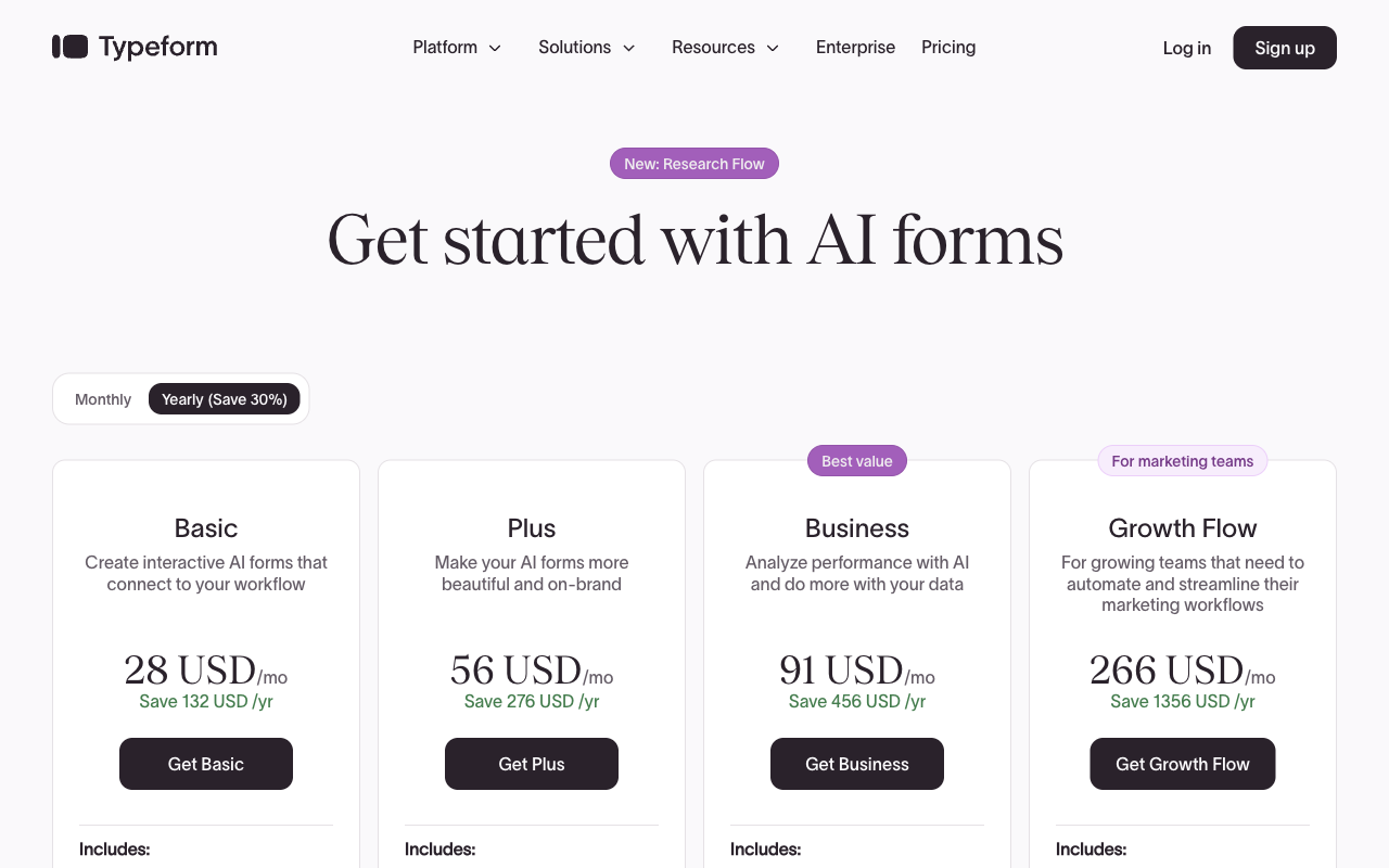 Typeform pricing page