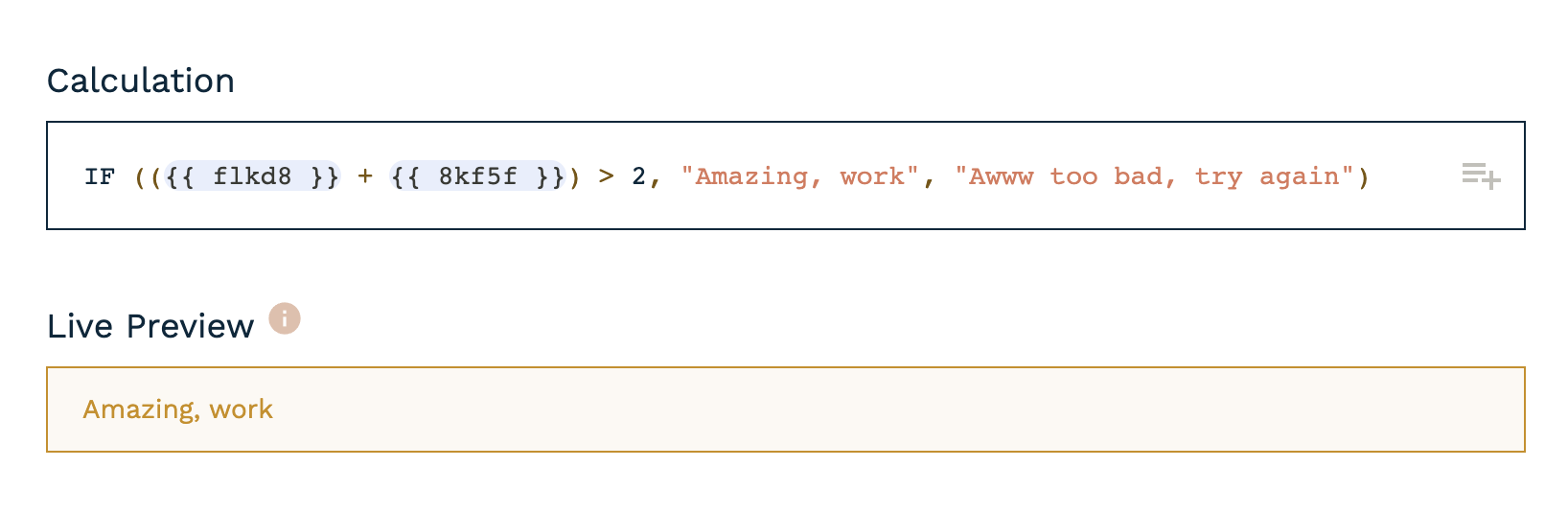 An IF formula in Paperform's calculation editor with a live preview of the result